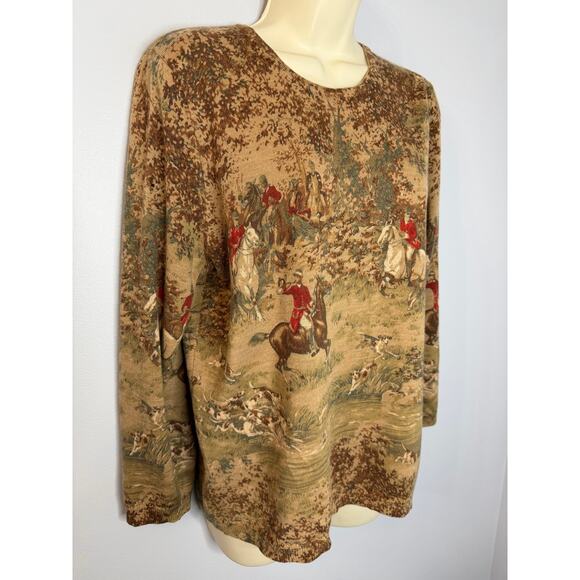 Pendleton Merino Wool Equestrian Hunting Print Tan Sweater Sz L Brown - Picture 2 of 10